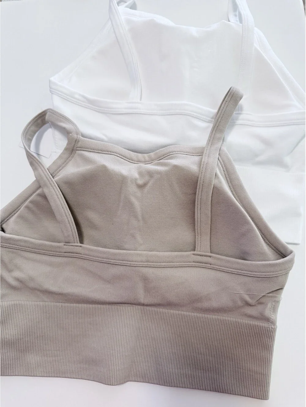 2 Pack Women Seamless Sports Bras Wireless Yoga Gym White Beige Size L